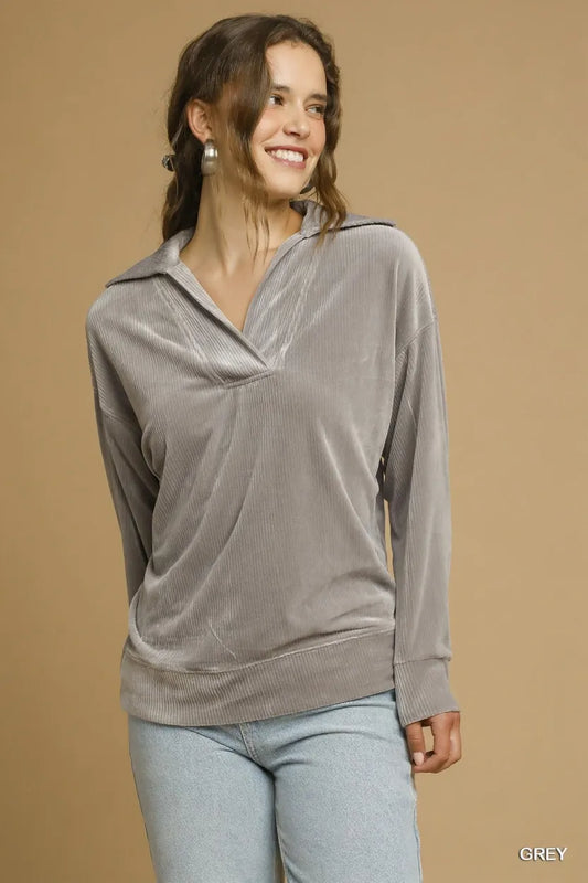 Soft Thermal Collared Long Sleeve Top - Grey