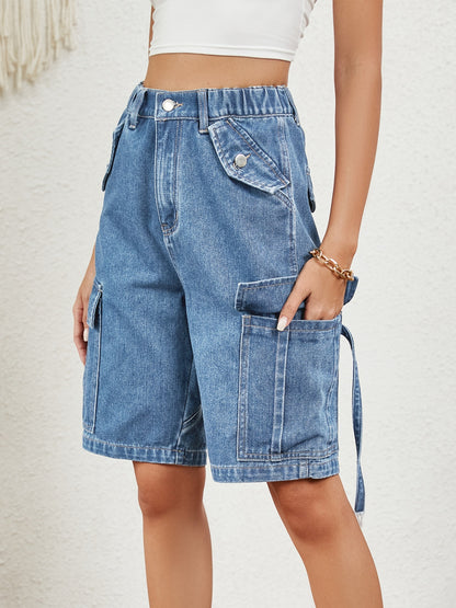 High Waist Denim Shorts with Pockets - Medium