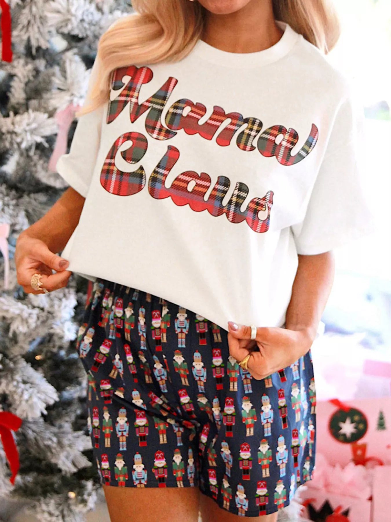 Mama Claus Plaid Letter Tee and Nutcracker Shorts Lounge Set - White