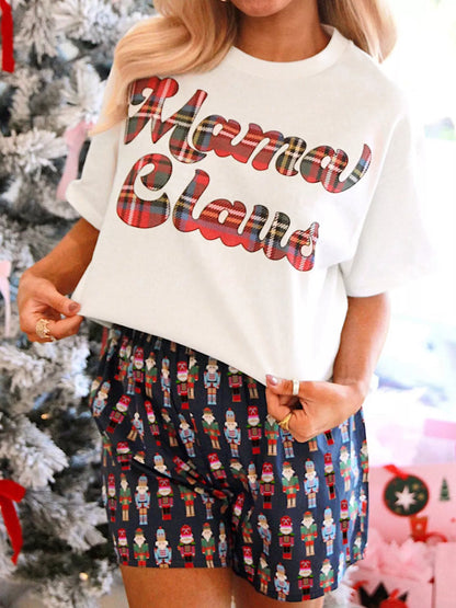 Mama Claus Plaid Letter Tee and Nutcracker Shorts Lounge Set - White