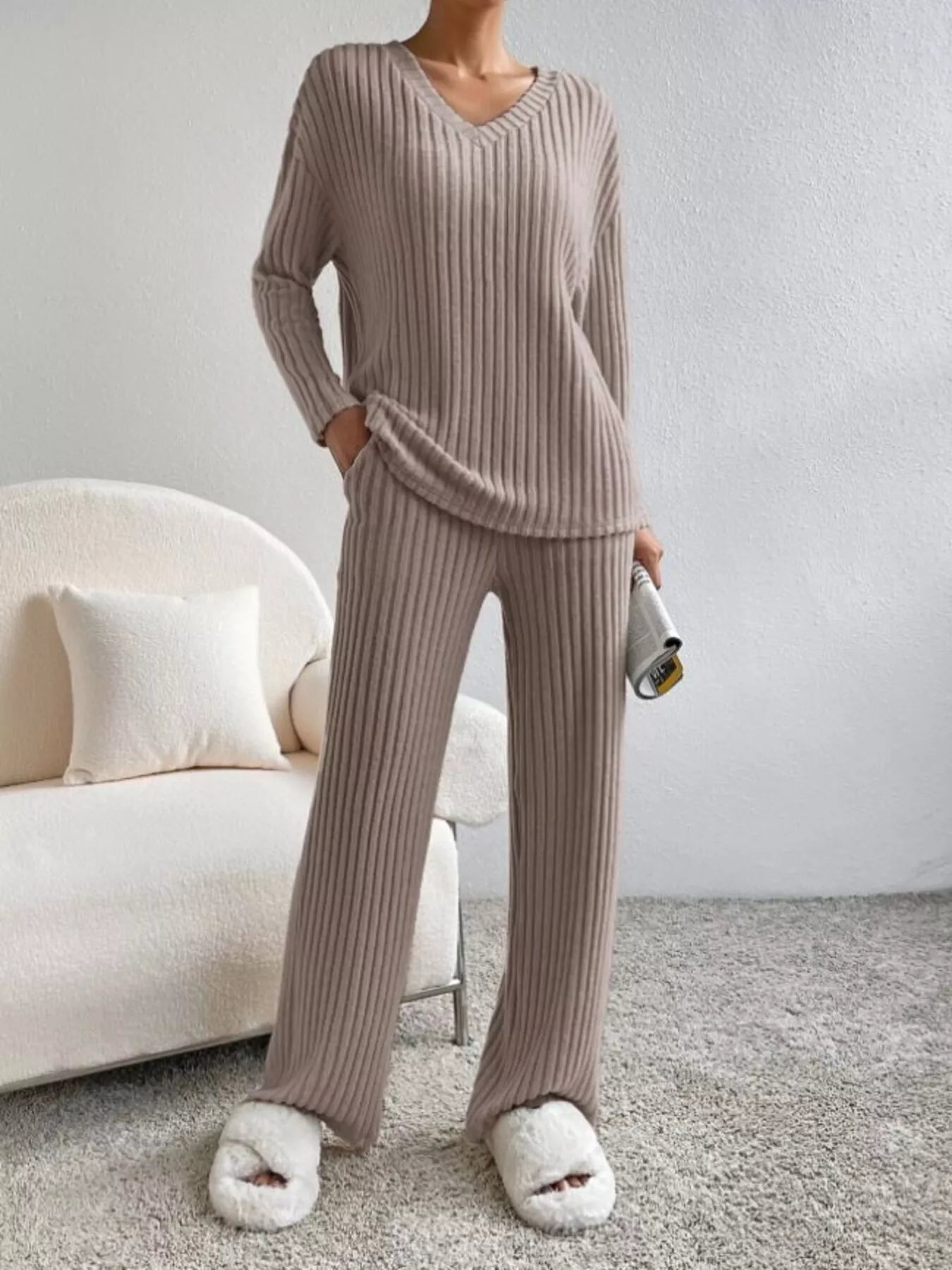 Ribbed Knit V-Neck Top and Pants Set -
