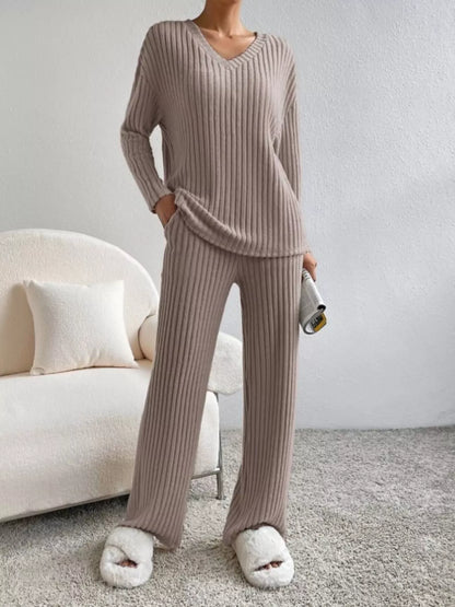 Ribbed Knit V-Neck Top and Pants Set -