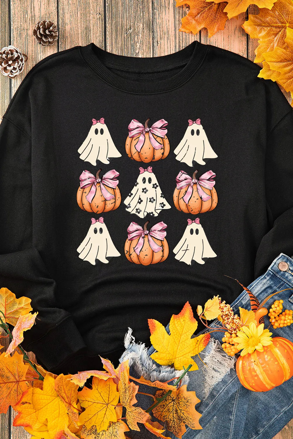 Pumpkin and Ghost Round Neck Long Sleeve Sweatshirt - Black