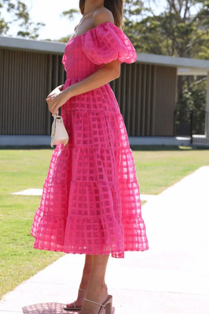 Off Shoulder Short Puff Sleeve Midi Dress -