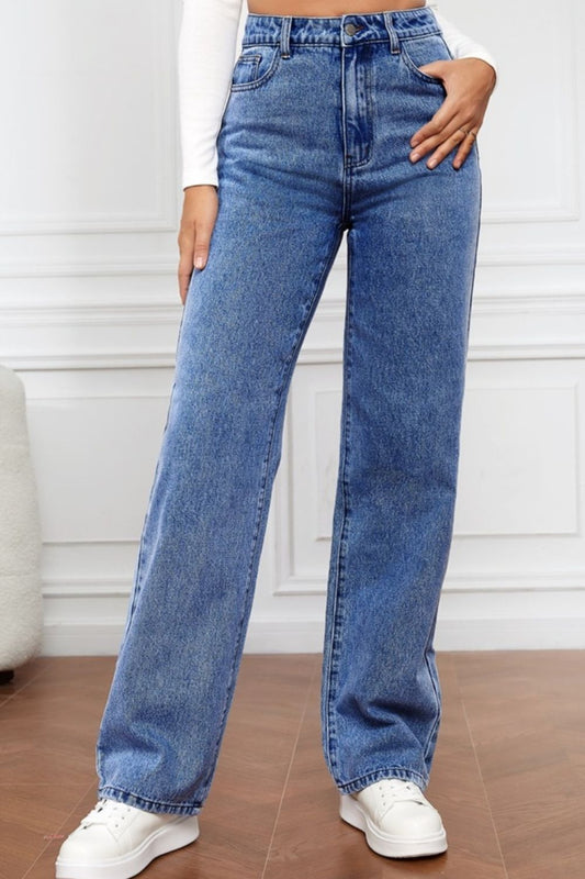 High Waist Straight Jeans - Dusty Blue