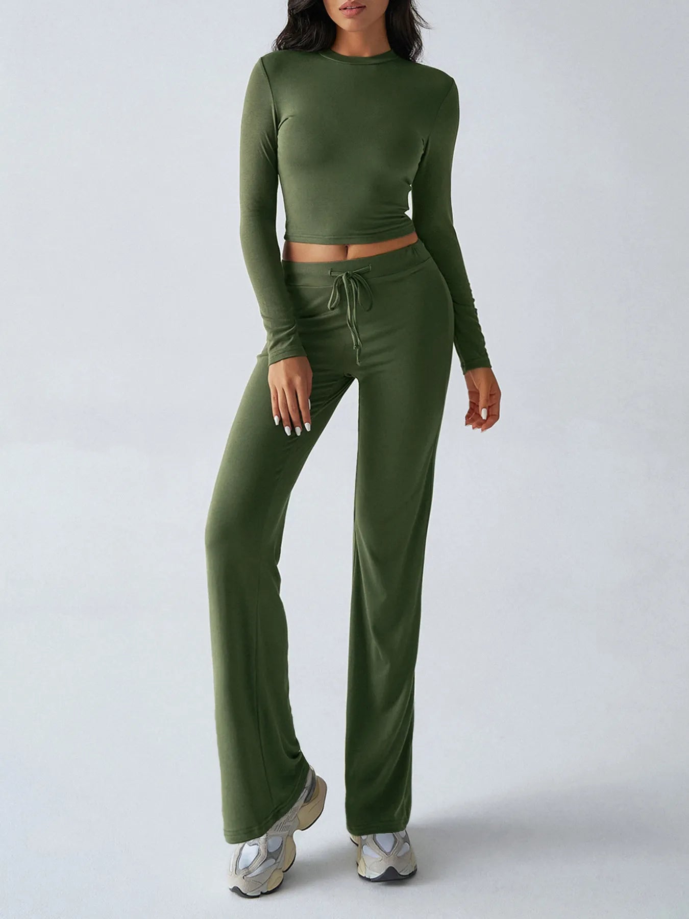 Round Neck Long Sleeve Top and Pants Set - Army Green