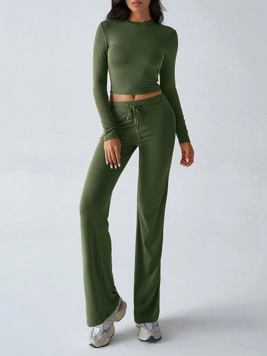 Round Neck Long Sleeve Top and Pants Set - Army Green