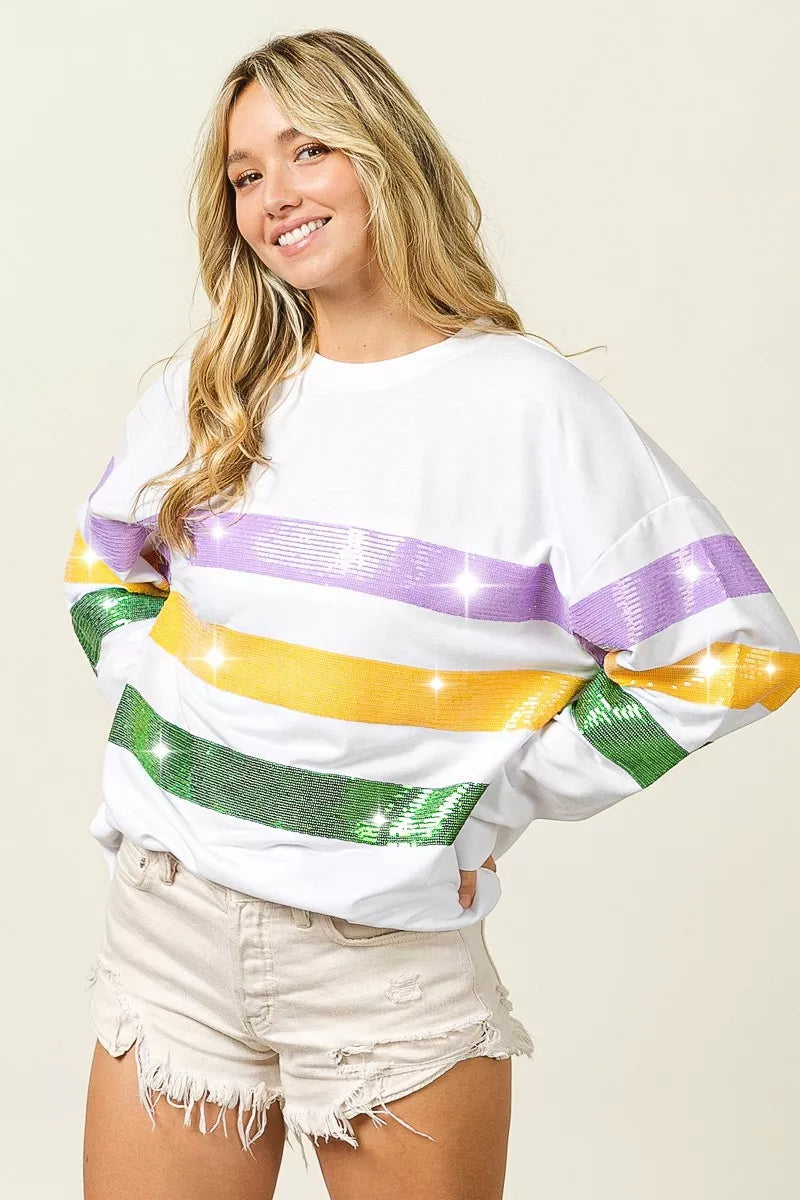 Sequin Mardi Gras Striped Round Neck Sweatshirt -