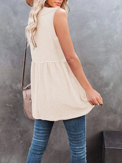V-Neck Contrast Trim Waffle Knit Tank Top - Eggshell