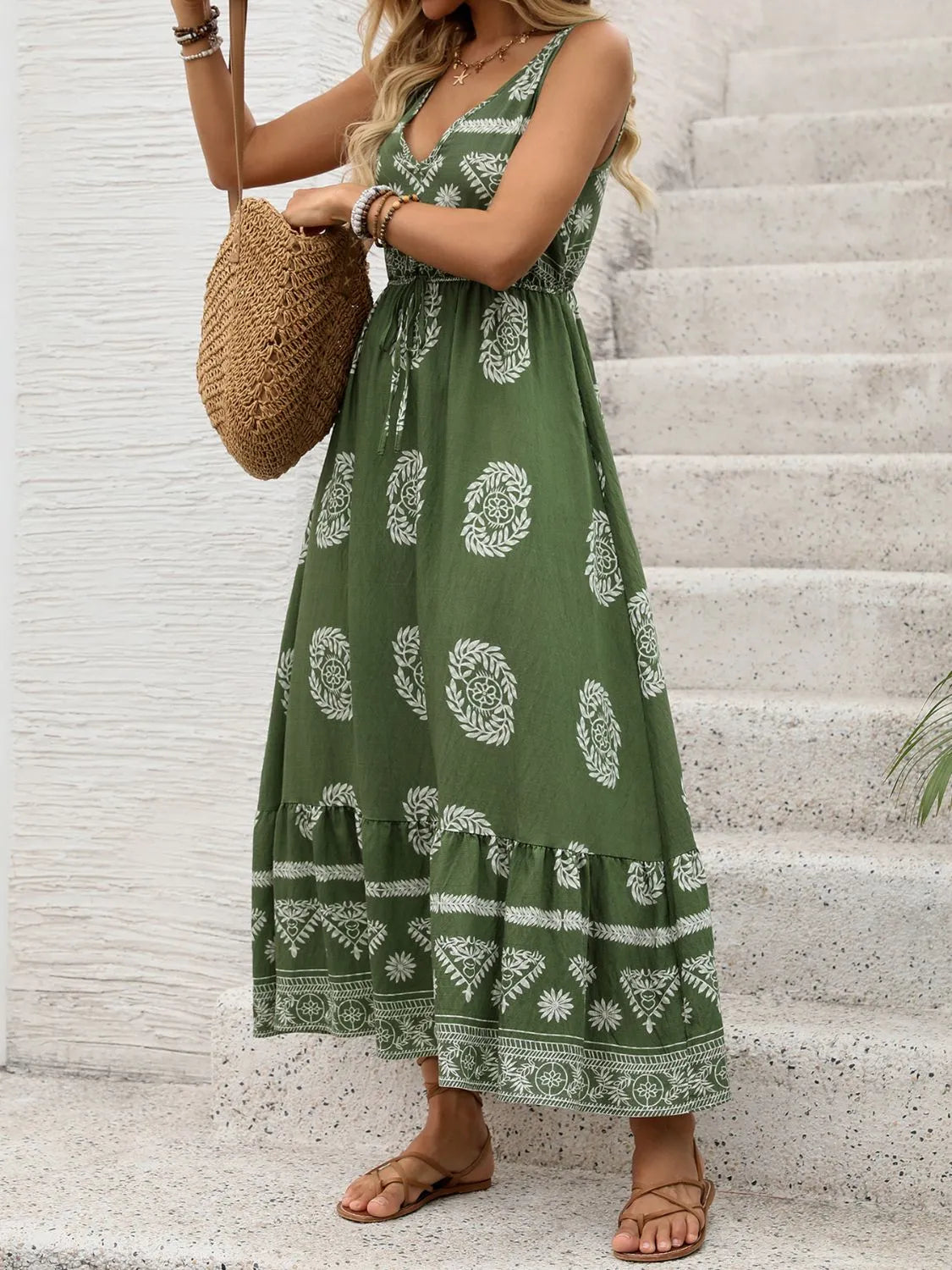 Printed V-Neck Sleeveless Dress -