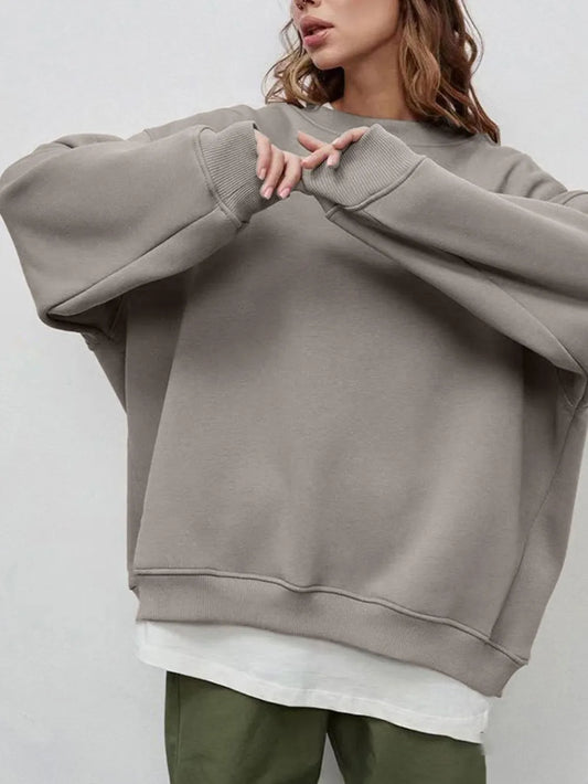 Round Neck Dropped Shoulder Long Sleeve Sweatshirt - Mocha
