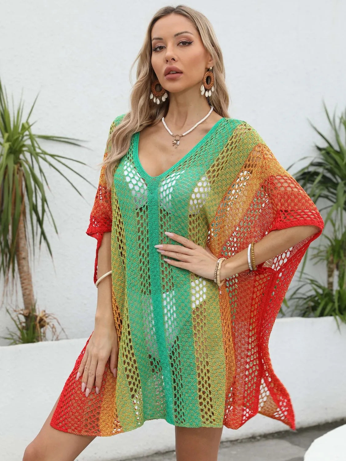 Rainbow Gradient Crochet Beach Cover-Up -