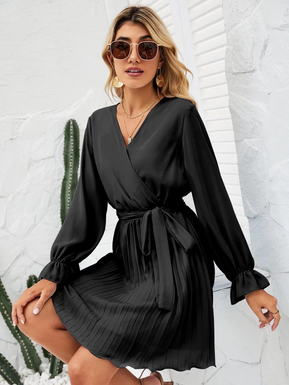 Surplice Flounce Sleeve Pleated Mini Dress | AdoreStarr