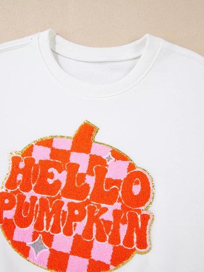 Pumpkin Patched Pattern Long Sleeve Sweatshirt - White