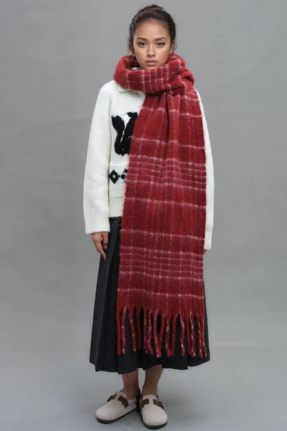 Fringe Plaid Thermal Scarf -