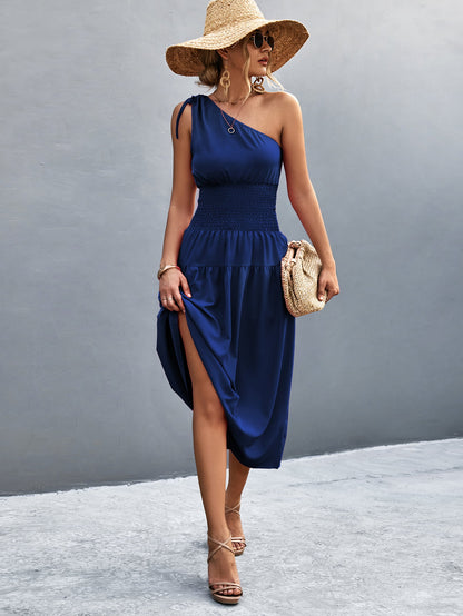 Asymmetrical One Shoulder Smocked Waist Midi Dress | AdoreStarr