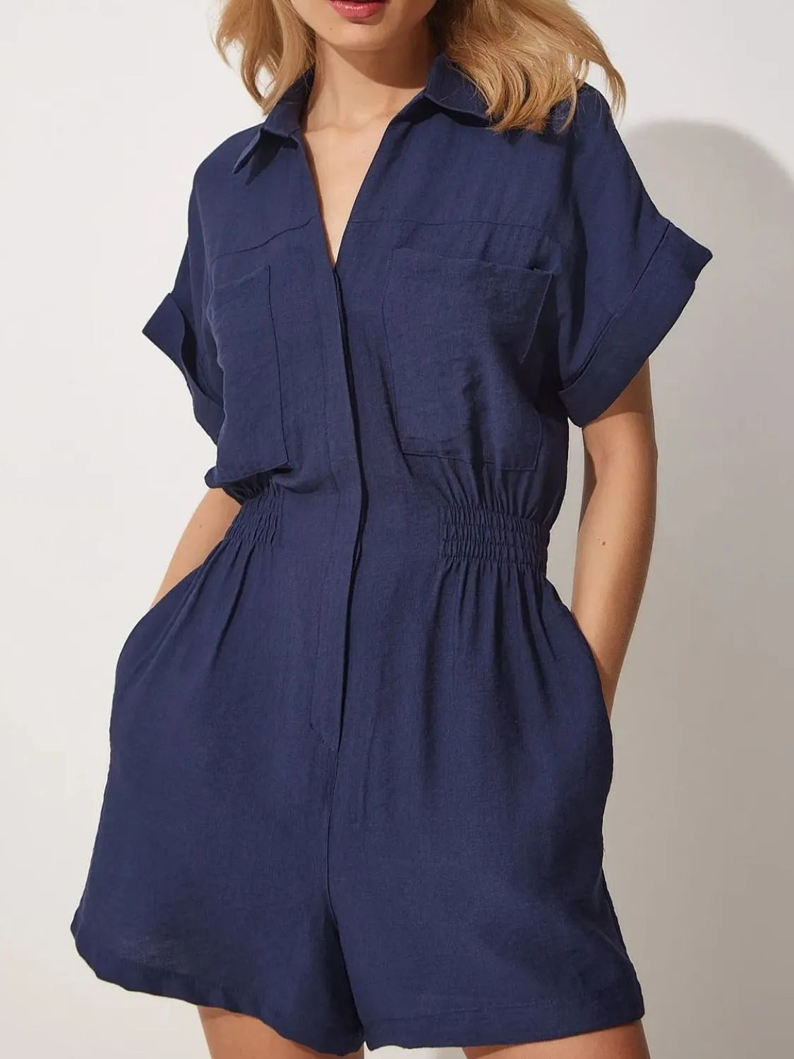 Johnny Collar Short Sleeve Romper - Dark Blue