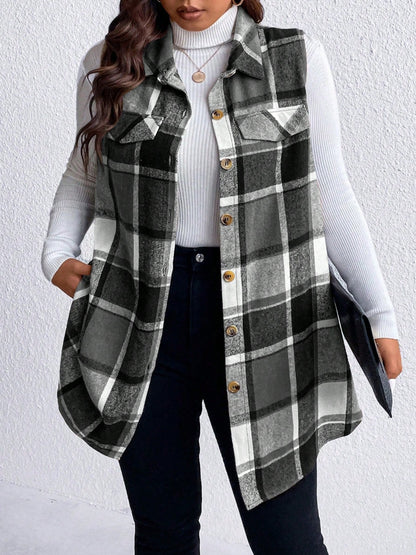 Plus Size Pocketed Plaid Button Up Vest Coat - Black