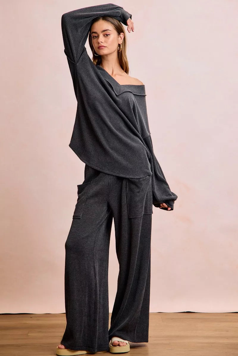 Two Tone Cord Rib V-Neck Top and Pants Set -