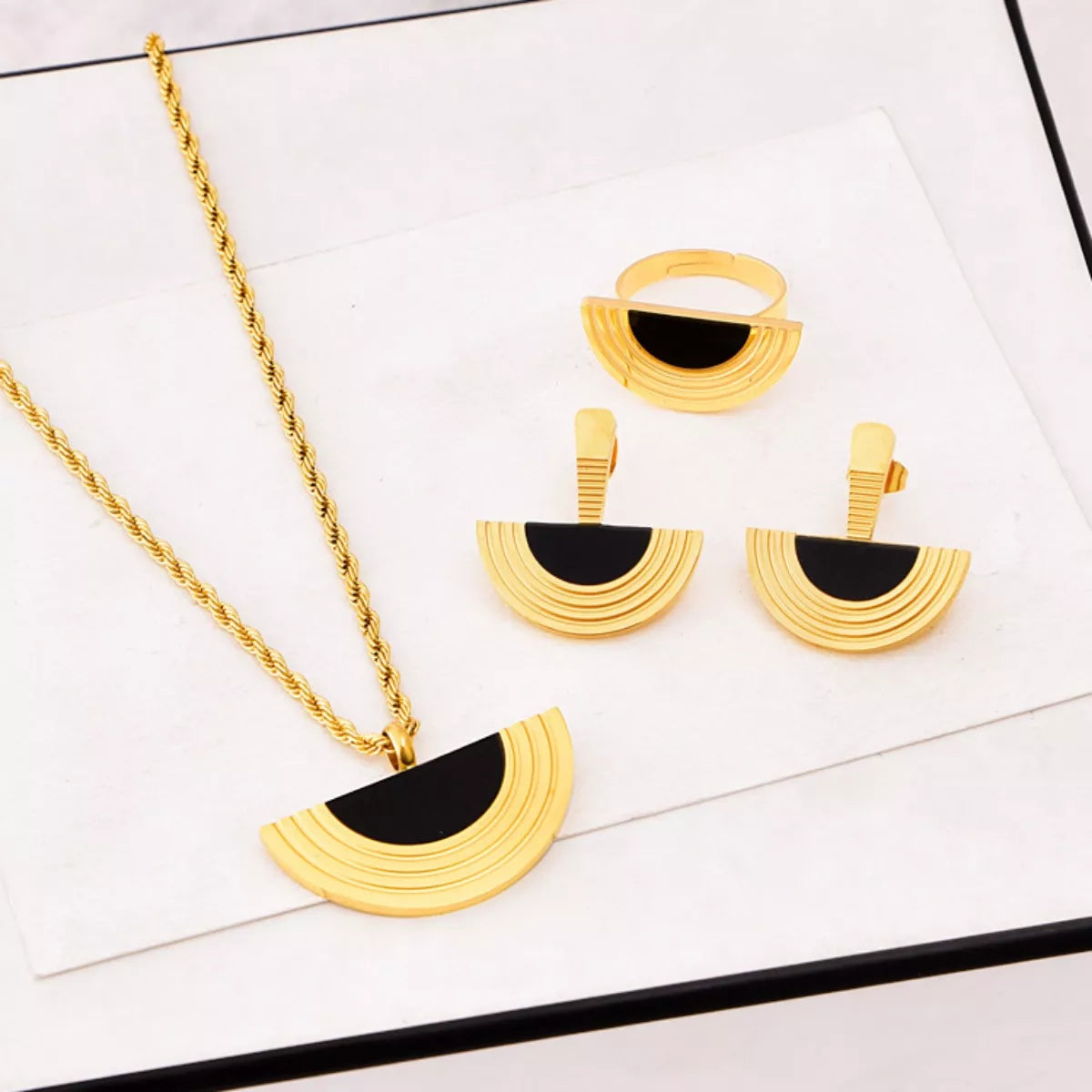 Geometric Half-Circle Necklace Ring and Earrings Jewelry Set - Black One Size