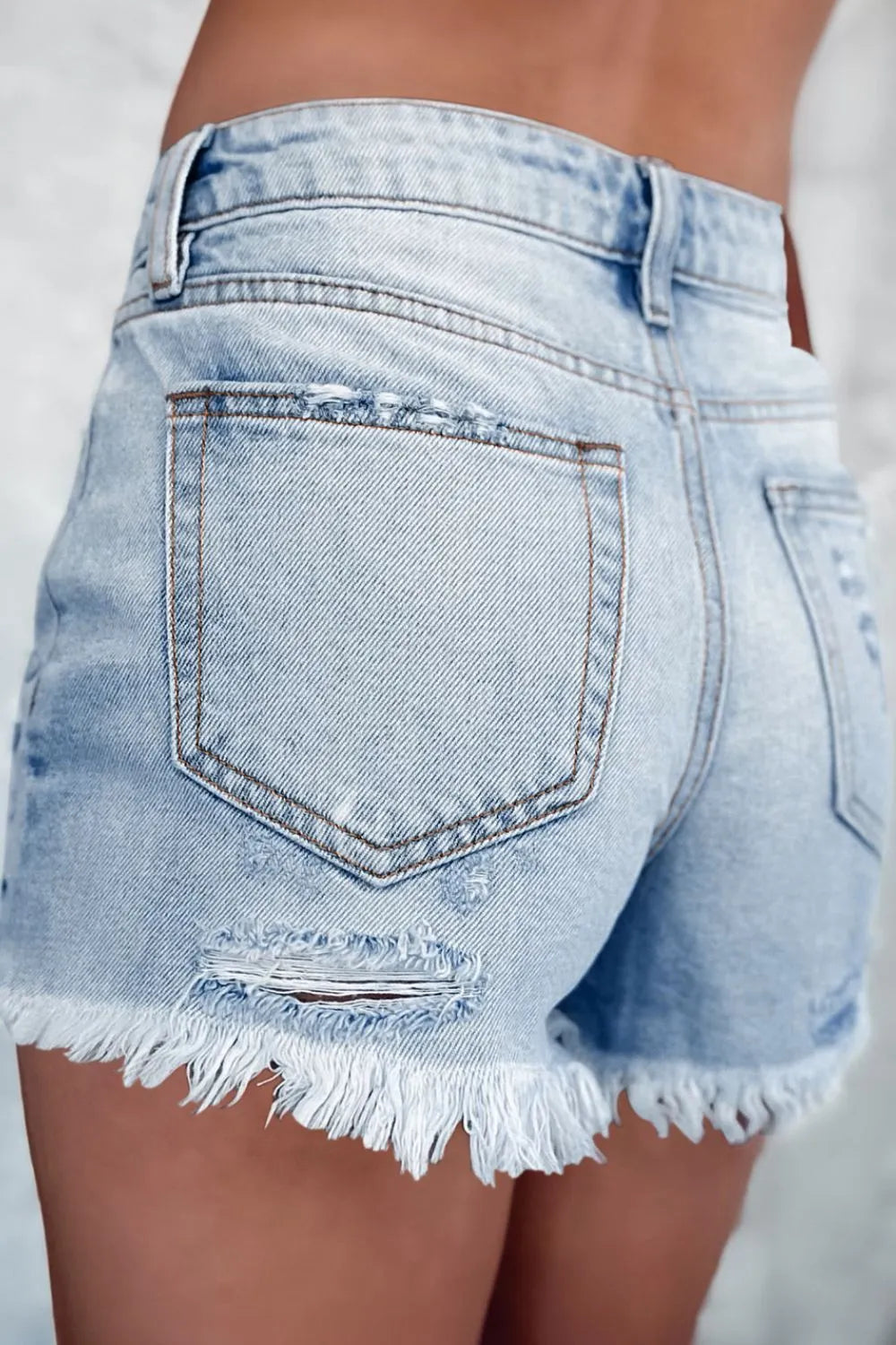 Distressed Raw Hem High Waist Denim Shorts -