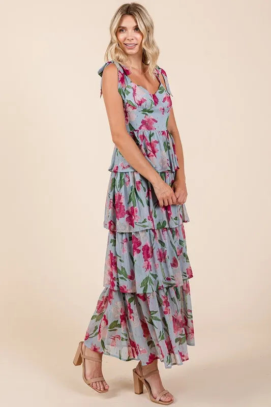 Layered Floral Sweetheart Neck Maxi Dress -