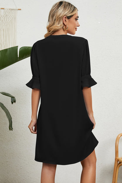 Notched Flounce Sleeve Mini Dress - Black