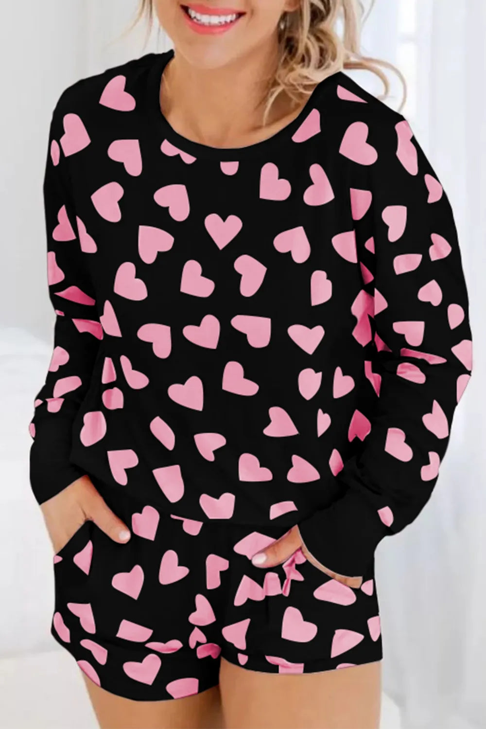 Heart Print Long Sleeve Top and Shorts Lounge Set - Black
