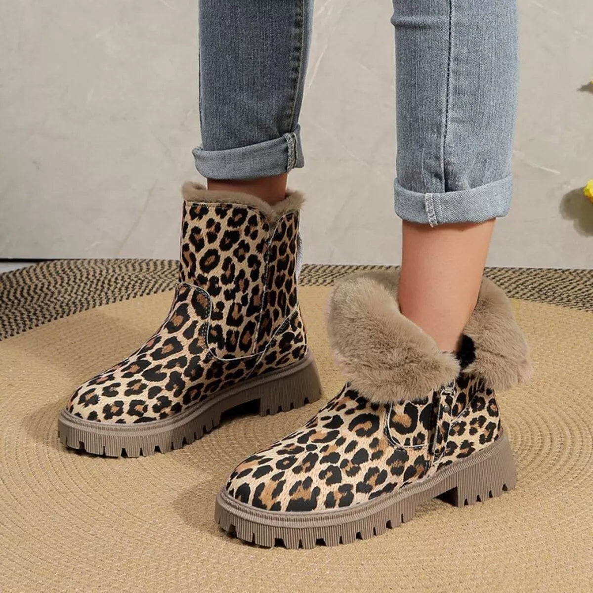 Leopard Print Fur Lined Ankle Boots - Leopard