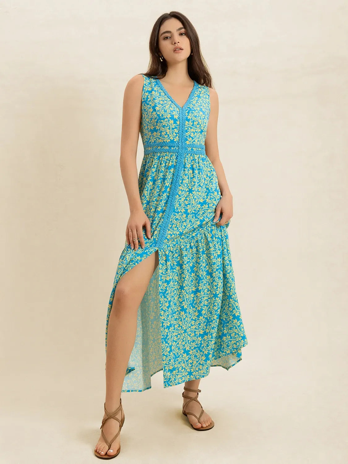 Slit Printed V-Neck Sleeveless Dress -
