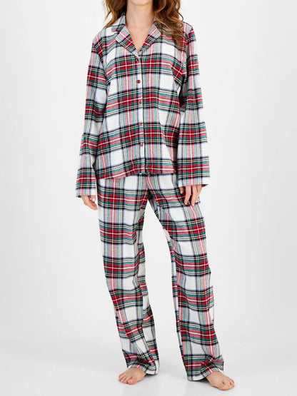 Plaid Collared Neck Button Up Top and Pants Lounge Set - Light Gray