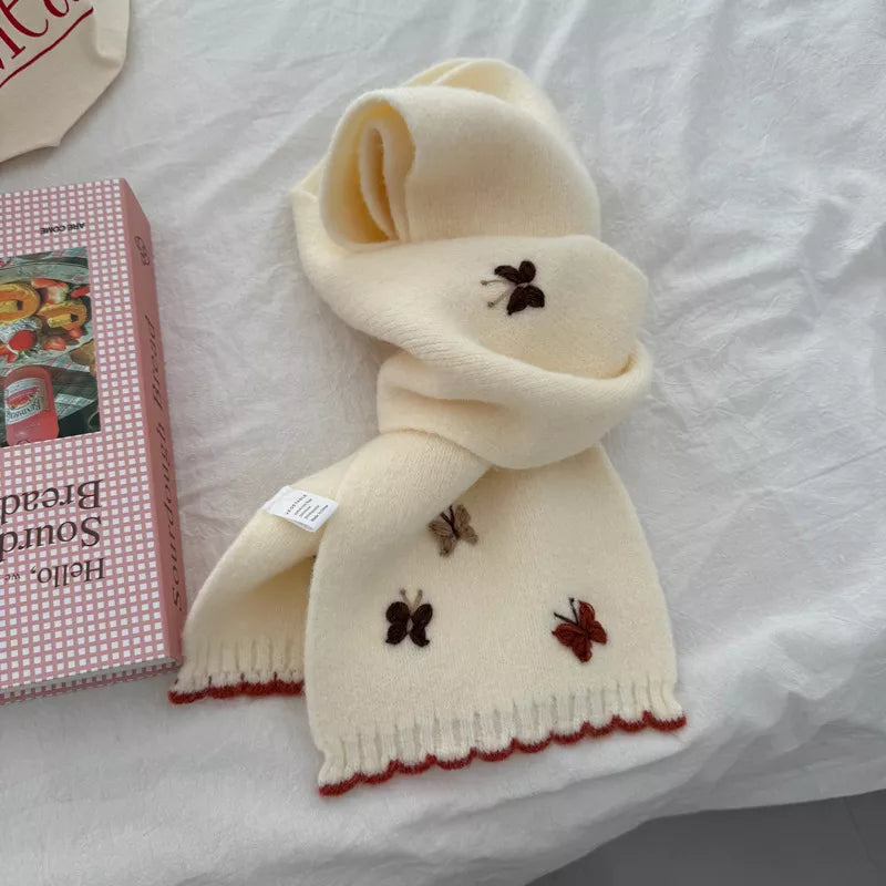 Butterfly Embroidered Knitted Scarf - Milky White One Size