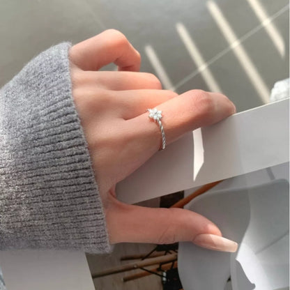 Sterling Silver Zircon Flower Open Ring -