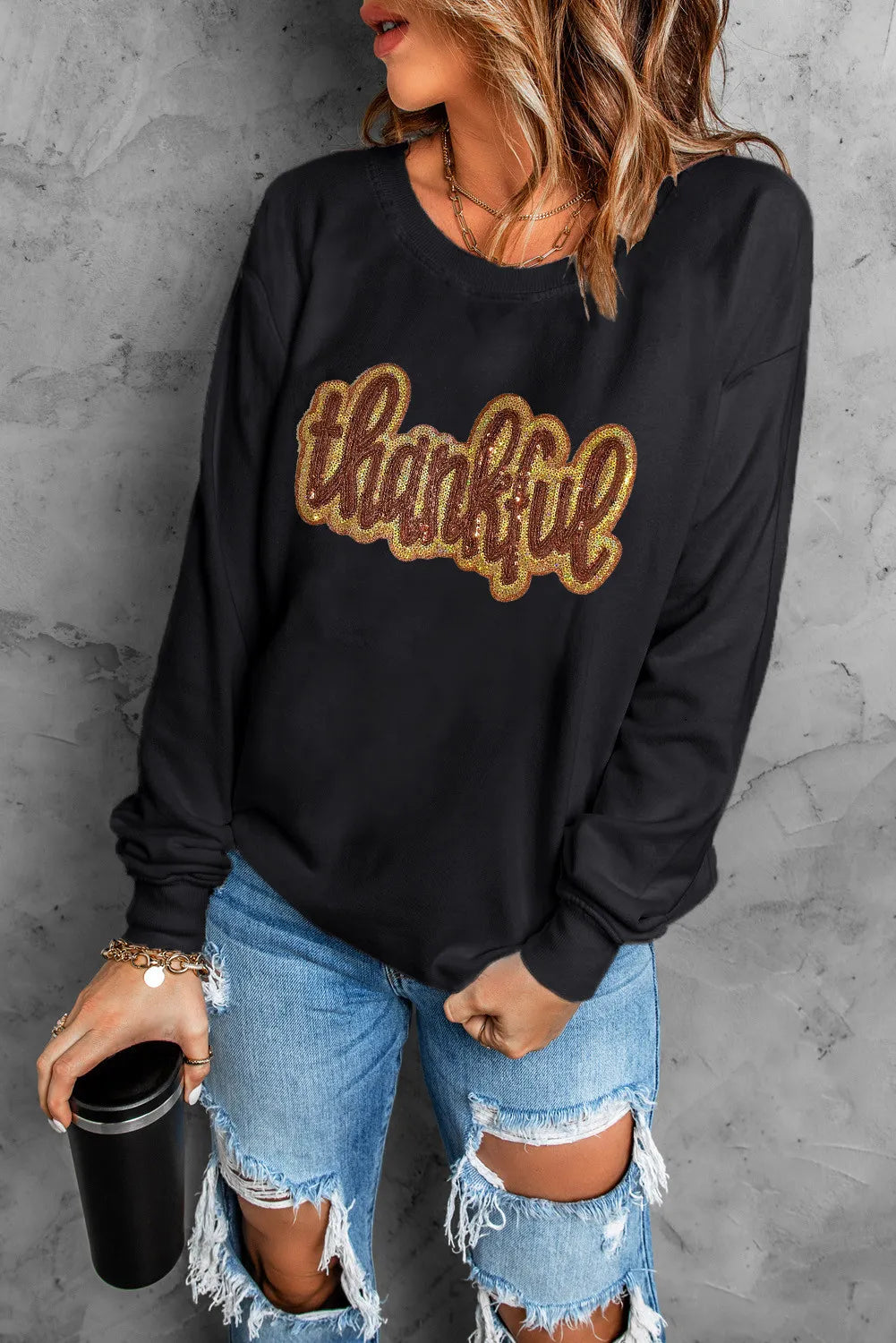 THANKFUL Round Neck Sweatshirt - Black