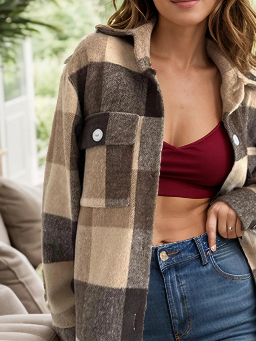 Plaid Button Up Long Sleeve Shacket - Taupe
