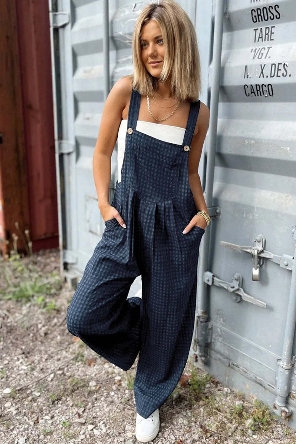Plaid Wide Strap Wide Leg Overalls -