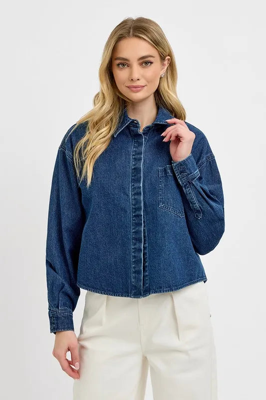 Button Up Long Sleeve Denim Shacket - Dark