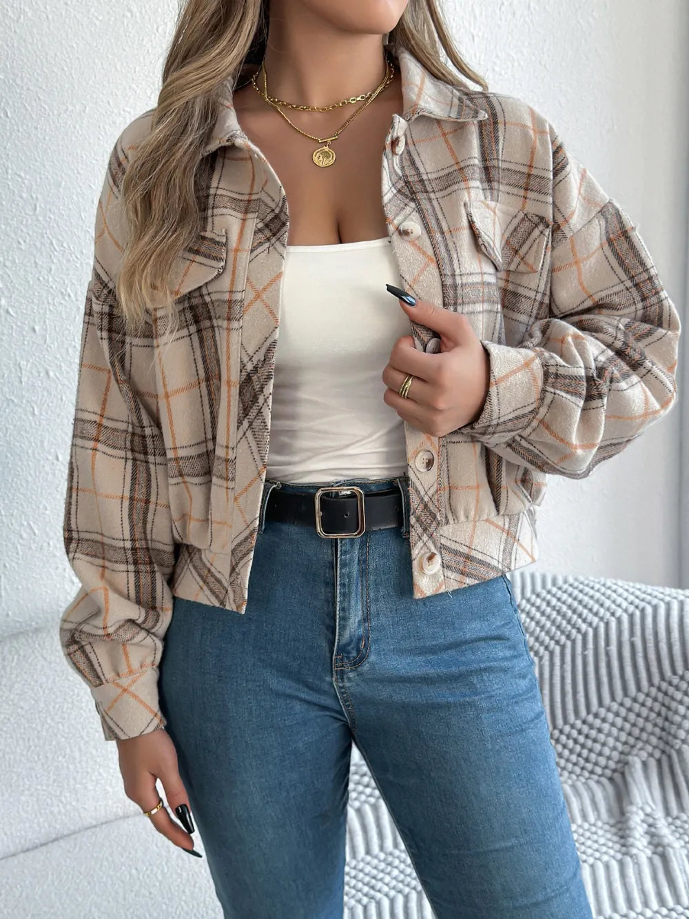 Plaid Button Up Long Sleeve Jacket - Dust Storm