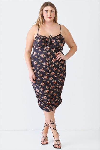 Plus Size Ruched Floral Square Neck Cami Dress - Black