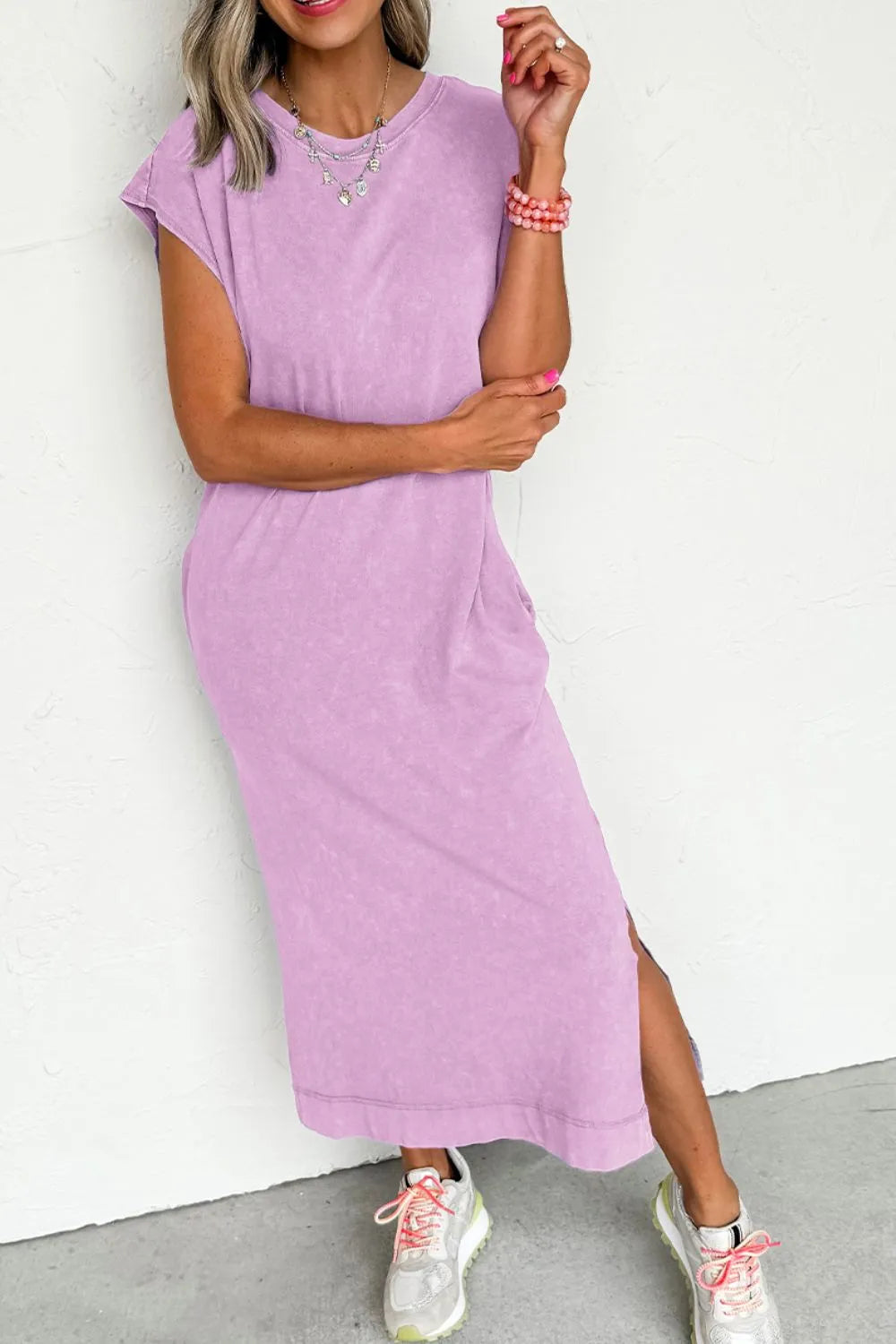 Side Split Round Neck Cap Sleeve T-Shirt Dress -
