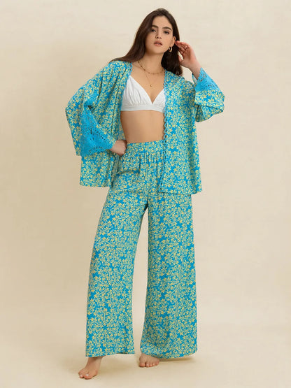 Open Front Printed Top and Pants Set - Teal