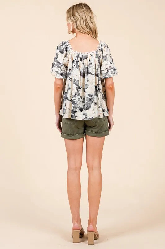 Floral Print Lace Trim Puff Sleeve Blouse -