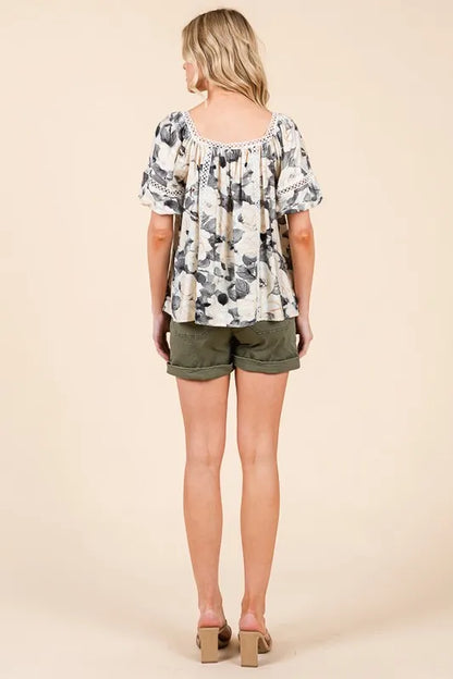 Floral Print Lace Trim Puff Sleeve Blouse -