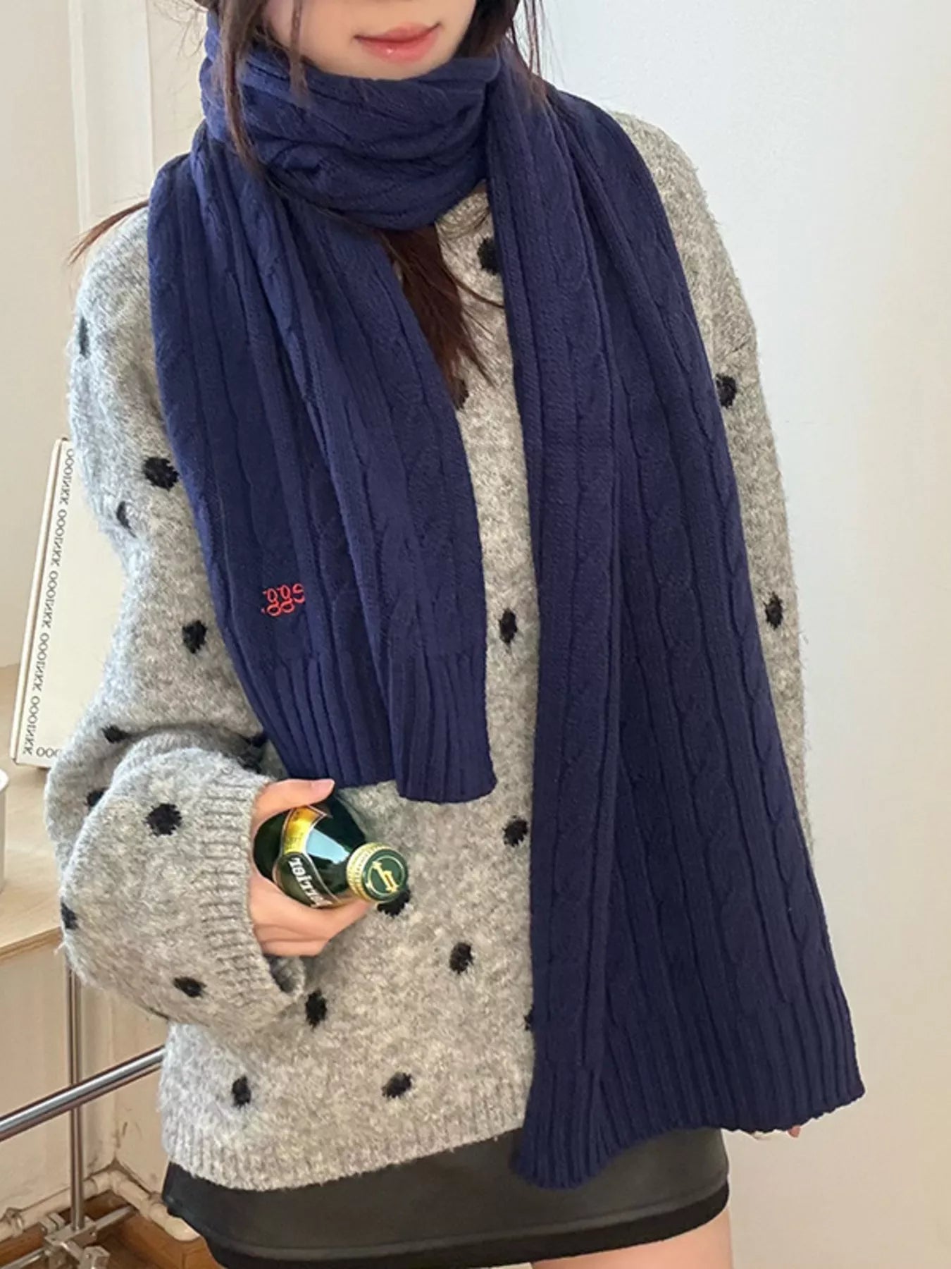 Ribbed Knitted Winter Scarf - Blue One Size