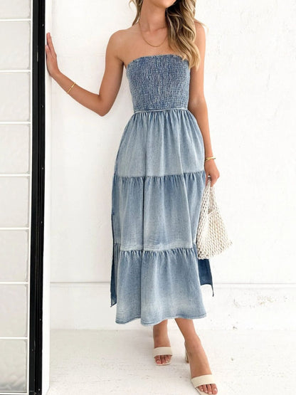 Slit Smocked Tube Tiered Denim Dress - Dusty Blue