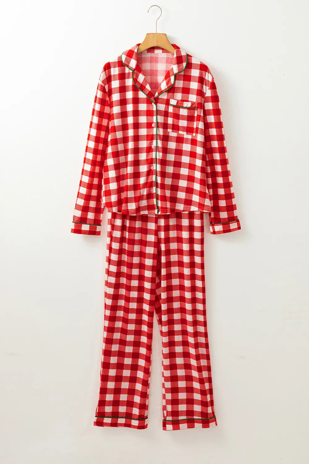 Plaid Collared Neck Long Sleeve Top and Pants Set -
