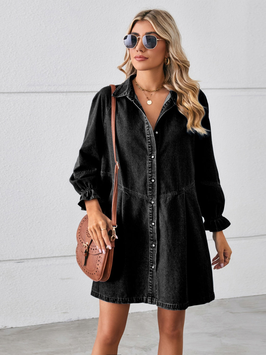 Button Up Flounce Sleeve Mini Denim Dress | AdoreStarr