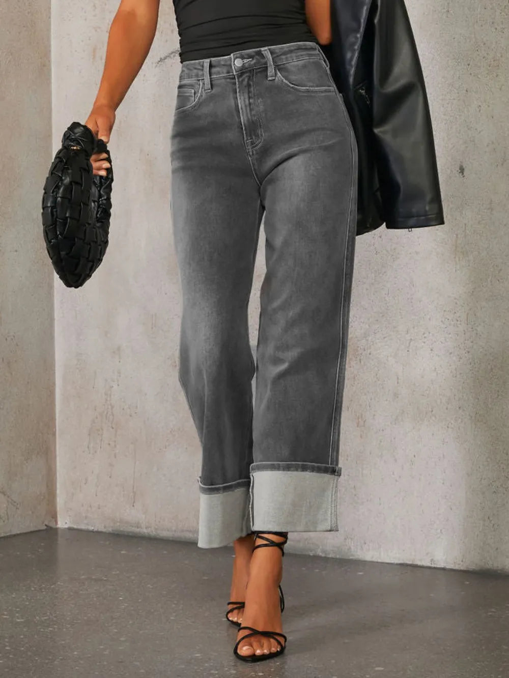 High Waisted Straight Leg Rolled Jeans -