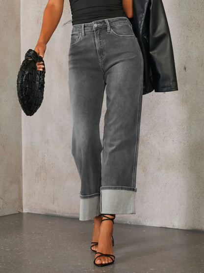 High Waisted Straight Leg Rolled Jeans -