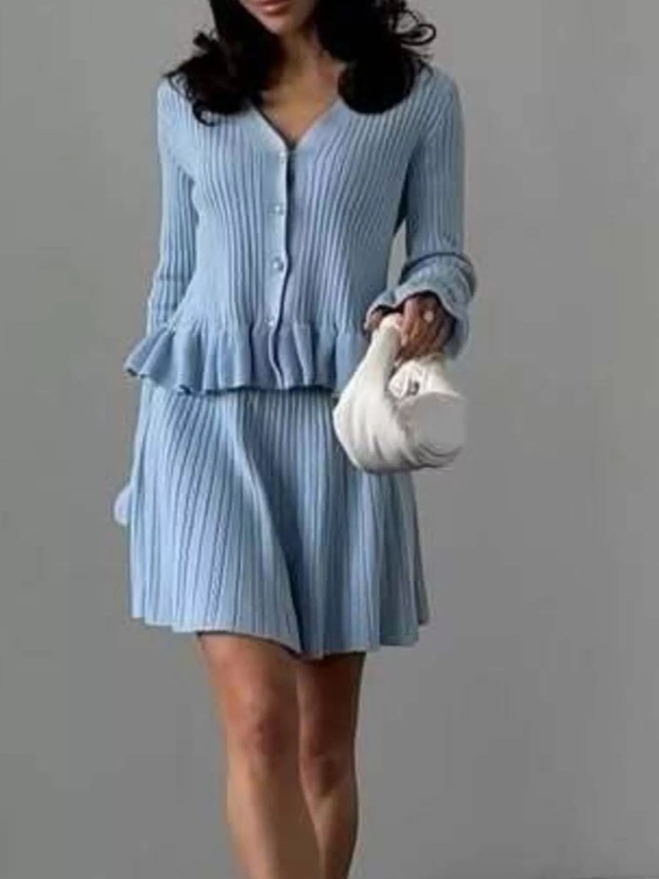 Ruffle Trim Knit Cardigan and Skirt Set -